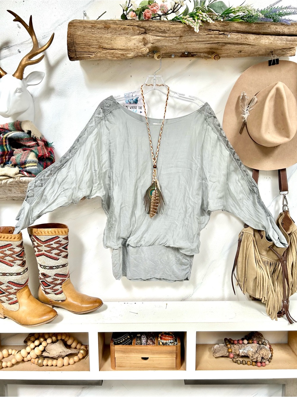 SILK Dolman Sleeve Lace-Trim BOHO Blouse w resort vacay beach vibe